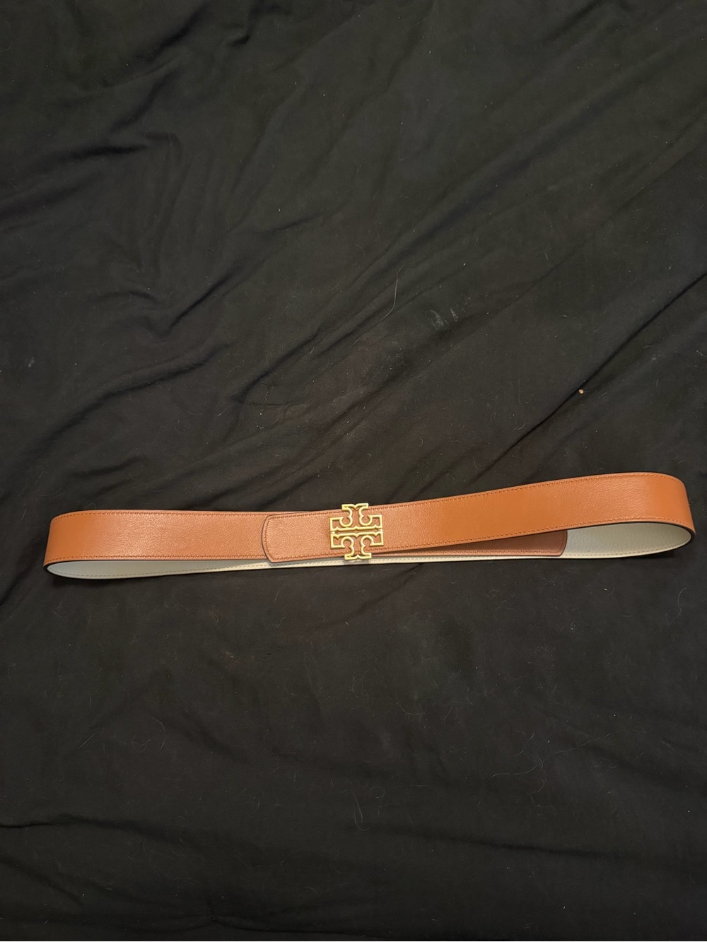 Tory Burch Chestnut Leather Belt with Gold Logo Buckle